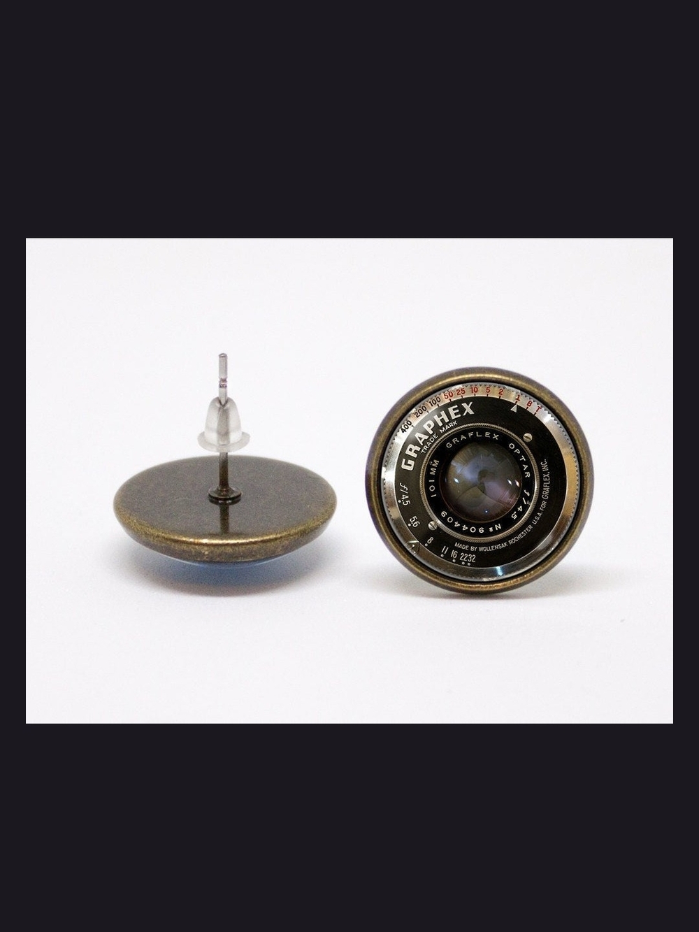 Antique Brass Camera Lens Stud Earrings Brand New Never Used